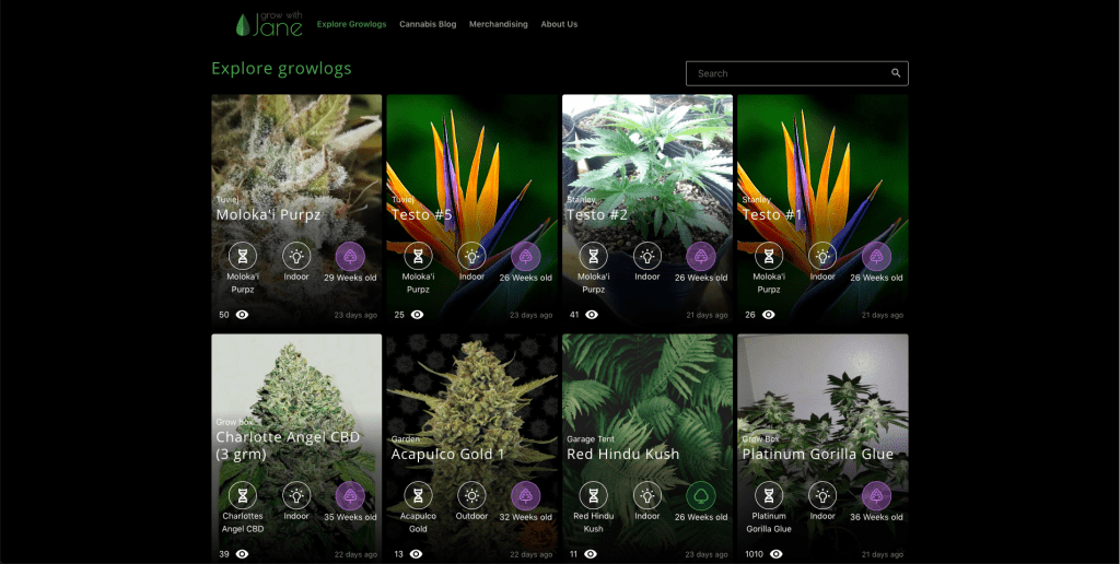 Screenshot of Grow with Jane's Explore Growlog website section showing two rows of anonymized growlogs.
